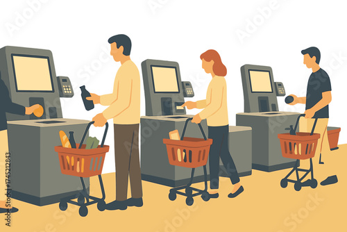 Self checkout concept with people and grocery baskets in flat design