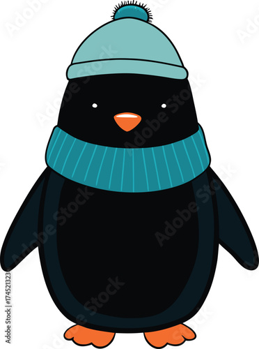 A plump stylized penguin wearing a teal hat and scarf animal bird vector illustration EPS file download.
