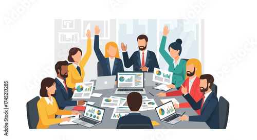 Diverse group of professionals in a meeting celebrating success.