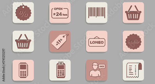 Minimalist shopping icons set: baskets, tags, and checkout symbols in 3d style