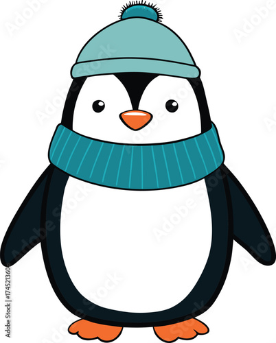 A plump penguin wearing a teal beanie and scarf animal bird vector illustration EPS file download.
