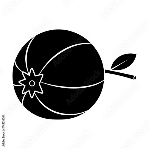 Stylized Black Silhouette of a Tropical Fruit with Leaf and Stem.