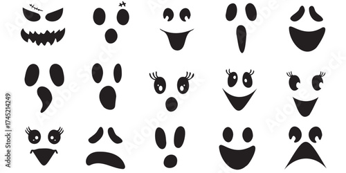 Vector art of collection of ghost faces on a white background.