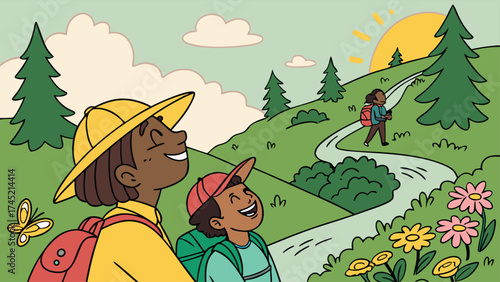 Cheerful hikers enjoy a sunny scenic trek through vibrant nature, experiencing adventure and freedom together on an unforgettable outdoor exploration