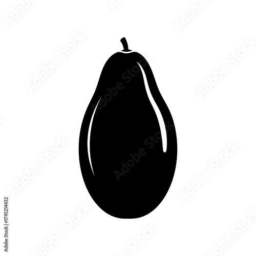 A simple black silhouette of a pear fruit on a white background.