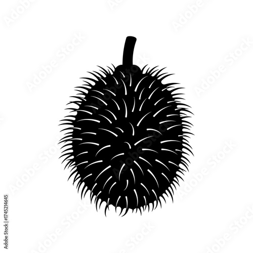Black and white silhouette of a spiky tropical fruit with a short stem.