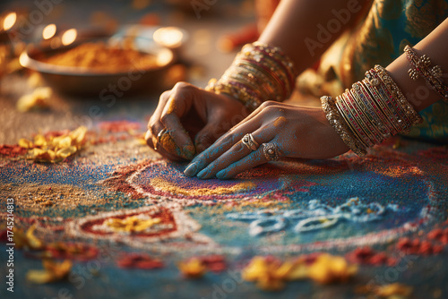 Hands creating a vibrant rangoli design for Diwali celebrations.