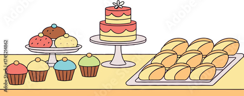 Delicious assortment of treats featuring a tiered cake, cupcakes, and sweet rolls, perfect for bakery promotions, party invitations, or dessert illustrations