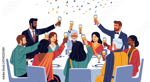 Diverse group of people celebrating with champagne at a formal dinner party.