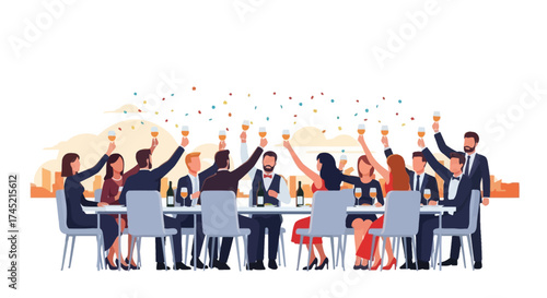 Group of happy people celebrating with a toast at a festive dinner party.