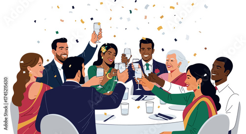 Diverse group celebrating with champagne at a festive gathering.