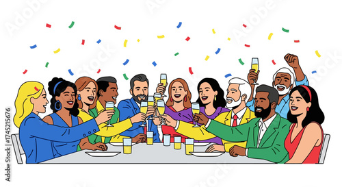 Diverse group of people celebrating together with drinks at a table.