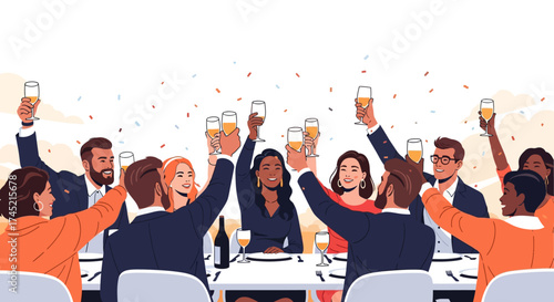 Group of People Celebrating with Drinks at a Dinner Party.
