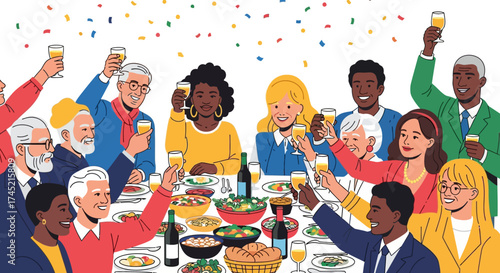 Diverse group celebrating at a dinner party with toasts.