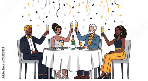 Diverse group of friends toasting with champagne at a celebration.