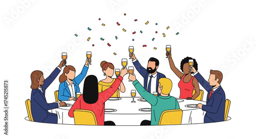 Celebratory toast shared among diverse group of people at dinner.