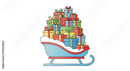 Christmas sleigh overflowing with colorful wrapped presents ready for delivery.