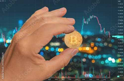 Hand holding bitcoin in front of digital blockchain chart at night with city lights in the background