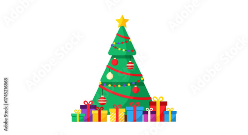 Festive Christmas Tree with Colorful Gifts and Ornaments.