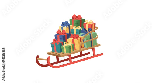 A festive red sleigh overflowing with colorful wrapped Christmas presents.