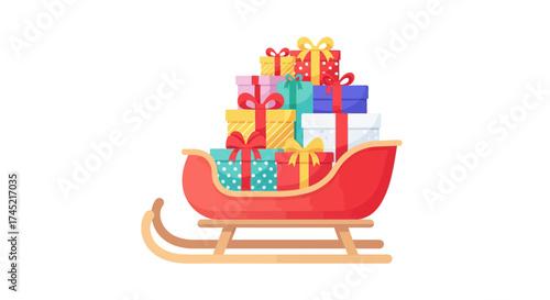Festive red sleigh overflowing with colorful wrapped Christmas presents ready for delivery.