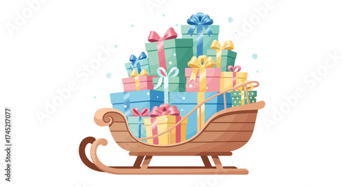 Wooden sleigh overflowing with colorful Christmas presents and gift boxes.