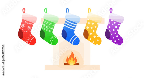 Colorful Christmas Stockings Hanging Over a Fireplace.