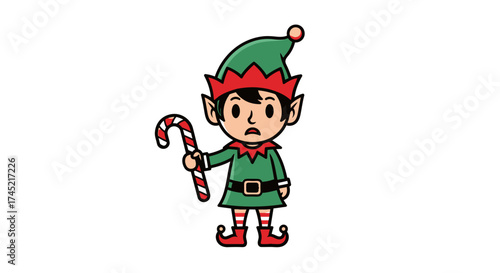 Cute Christmas Elf Holding a Candy Cane with a Worried Expression.