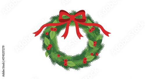 Festive Christmas wreath with red bow and holly berries decoration.