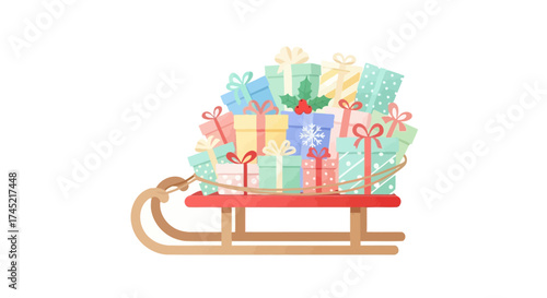 Sleigh overflowing with colorful Christmas gifts and presents.
