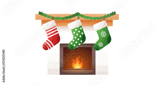 Christmas stockings hanging above a fireplace decorated with festive garland.