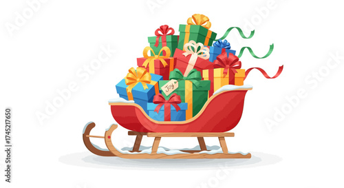 A festive red Christmas sleigh overflowing with colorful wrapped presents.