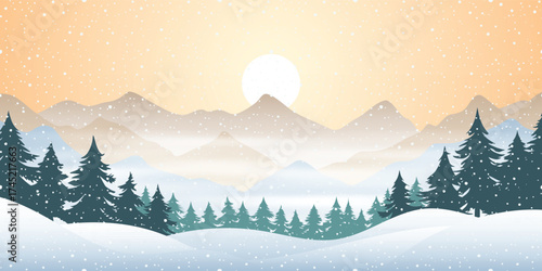 Winter evening landscape, mountain view, forest and snowfall, setting sun, cartoon nature, vector illustration