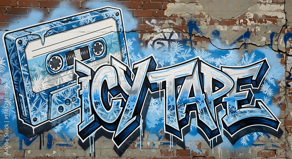 Naklejka premium Icy tape graffiti art on a brick wall with blue and white colors and a cassette tape illustration