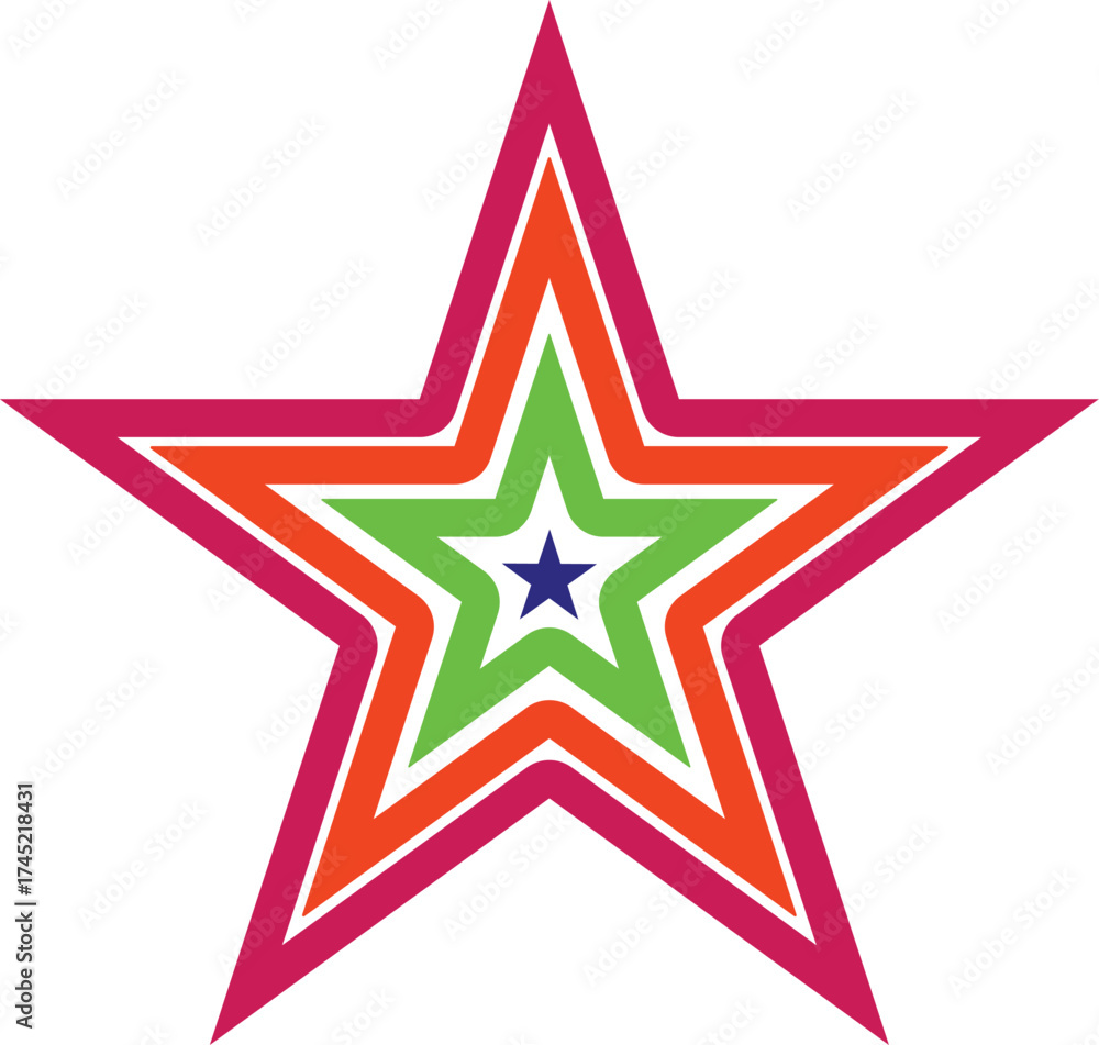 Obraz premium A stylized multi-layered star graphic in vibrant shades of blue, green, pink, and orange, with sharp points and concentric outlines, creating a dynamic visual effect for design and decoration purposes