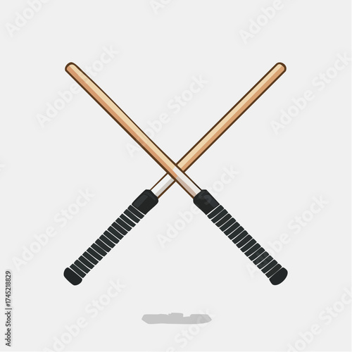 Crossed wooden martial arts staffs