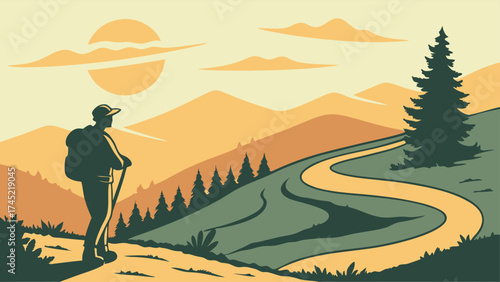 Inspiring outdoor adventure scene of hiker on scenic trail with mountains at sunset, evokes freedom and exploration perfect for travel and lifestyle brands