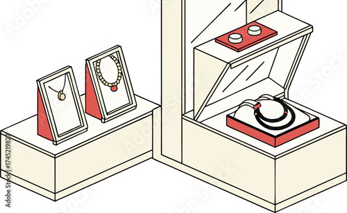 Elegant jewelry display cases exhibiting necklaces, perfect for upscale boutiques, fashion editorials, and promotional materials with a modern aesthetic