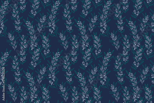 Seamless vector pattern with hand drawn leafy sprigs and small floral buds in teal and white on a deep navy background. Template for textiles, packaging, wallpapers, and branding