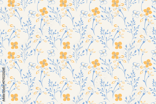 Seamless vector floral patten with delicate hand drawn flowers and leaves in soft pastel colors. Elegant botanical design with light blue and orange elements on a neutral background