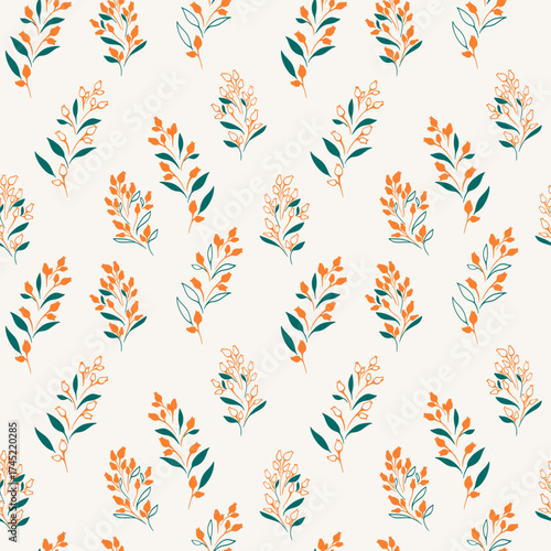 Seamless vector pattern with delicate twigs and leaves in orange and teal on a light background. Design for fabric, wallpaper, packaging, stationery, and surface projects