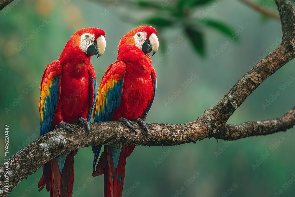 Obraz premium Two scarlet macaws perch sidebyside on a tree branch showcasing vibrant red plumage against a blurred green forest backdrop