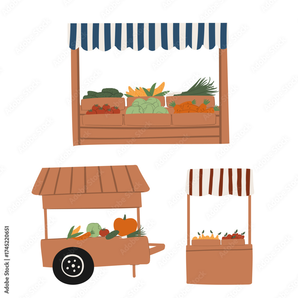 Obraz premium Illustration of farm market set: wooden cart, stalls filled with pumpkins, carrots, corn, leafy greens, cucumbers, onions, tomatoes, cabbage, apples, pears under canopies. Fresh produce display.