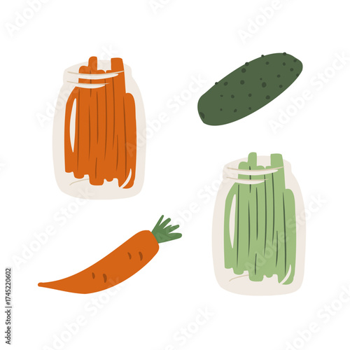 Flat vector illustration set of fresh vegetables and homemade preserves: carrot, cucumber, green beans in jars. Root and green vegetables, healthy produce, farm harvest, edible snack and home canning.