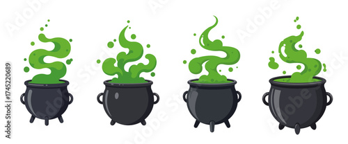 Four cauldrons with green potion bubbling out of them, Halloween themed.