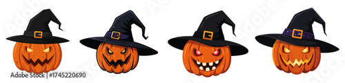 Four Halloween pumpkins wearing witch hats with different facial expressions.