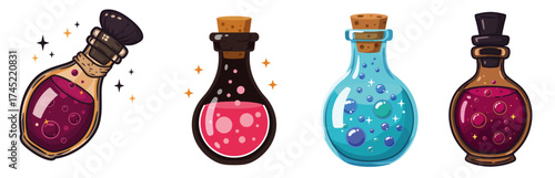 Four cartoon potion bottles with different colored liquids and stoppers.