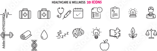 Modern healthcare and wellness icons for clinical, fitness, appointments and mental health needs