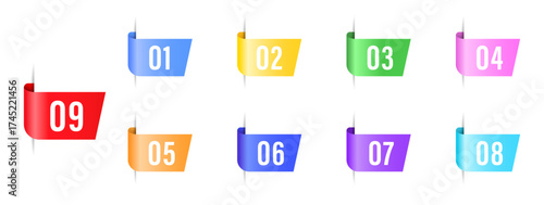 Number bullet point 1 to 9 vector set in multi color. Numbers design template for website. Infographics markers. Triangle number bullet point icon arrow set. Vector illustration