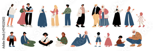Vector illustration of Muslim people: men, women in hijabs, children, seniors. Each character and figure is standing, sitting, smiling, talking, playing, resting calmly. Everyday lifestyle portrait.